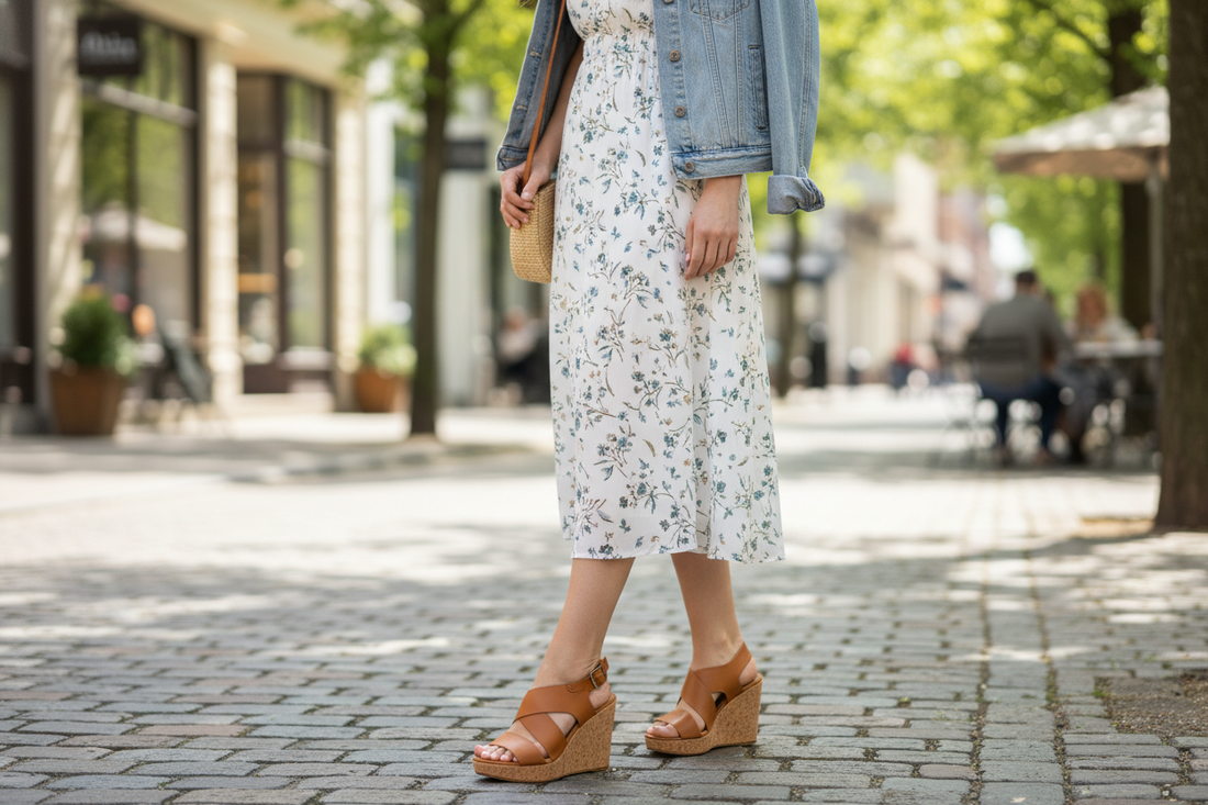 Stylish women wedge sandals paired with a floral dress for chic summer street fashion