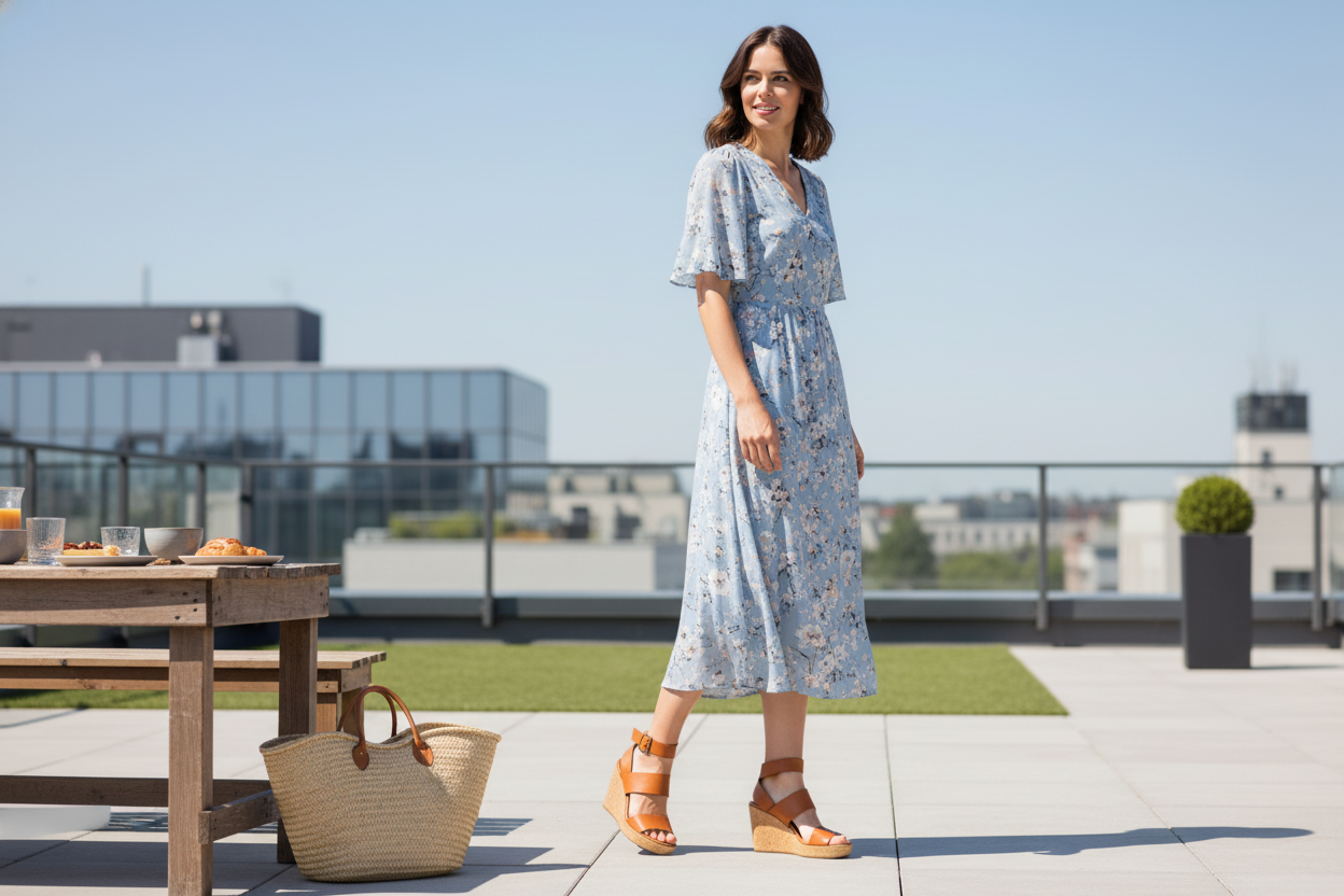 Stylish women wedge sandals paired with a floral summer dress for chic travel fashion inspiration