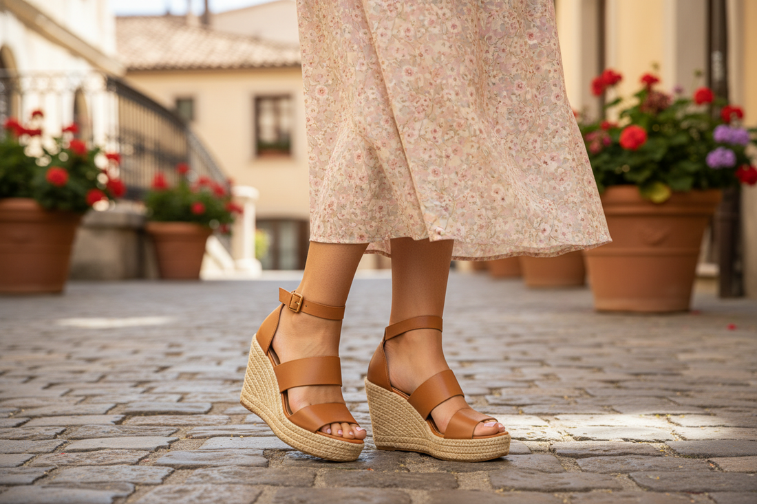 Stylish women wedge sandals paired with a floral dress, perfect for summer travel and fashion inspiration
