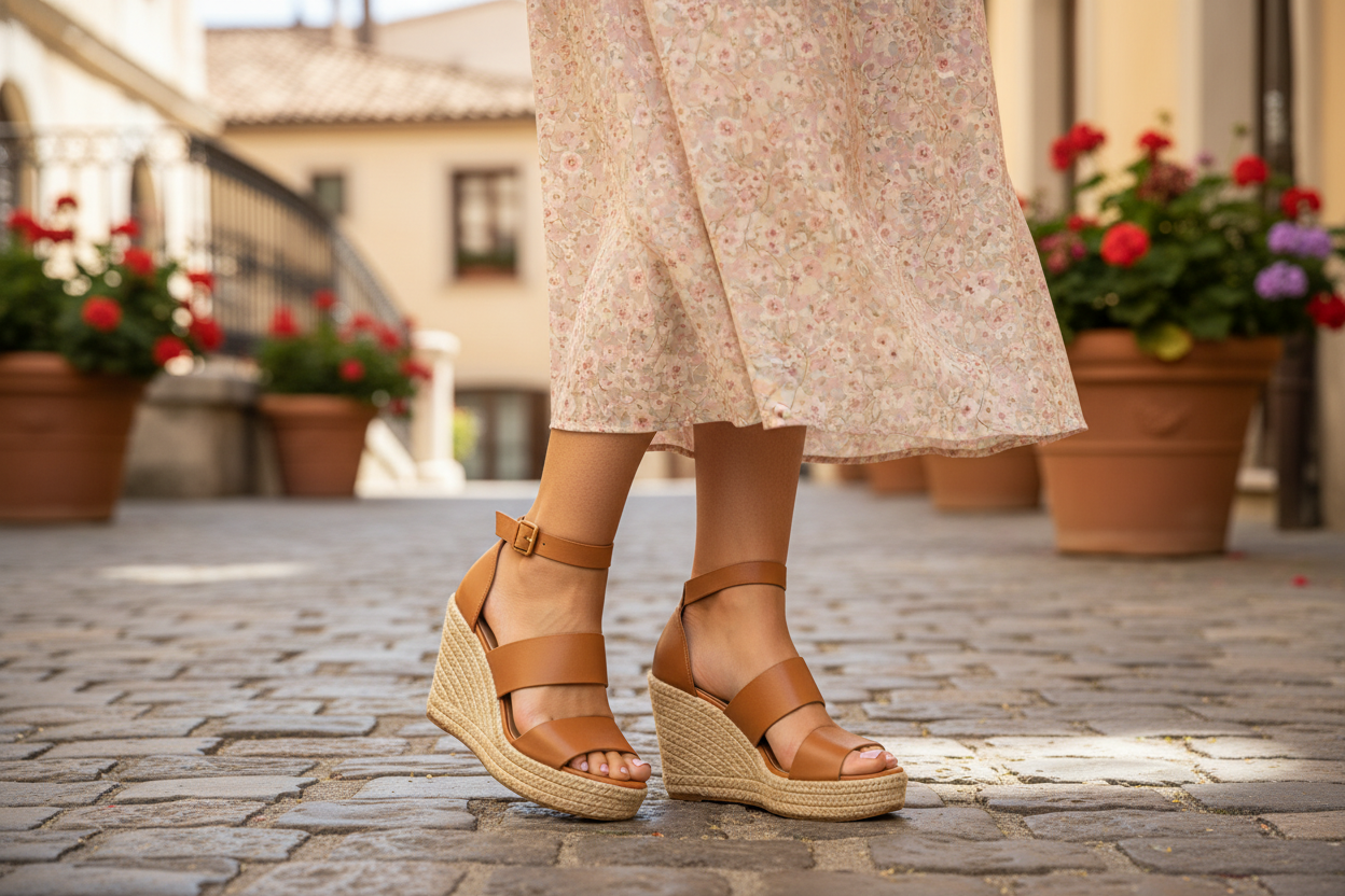 Stylish women wedge sandals paired with a floral dress, perfect for summer travel and fashion inspiration