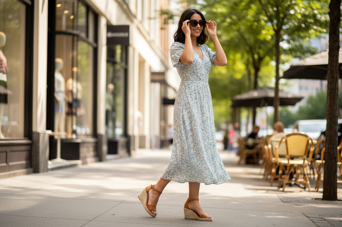 Stylish women wedge sandals paired with a floral summer dress for chic city travel fashion