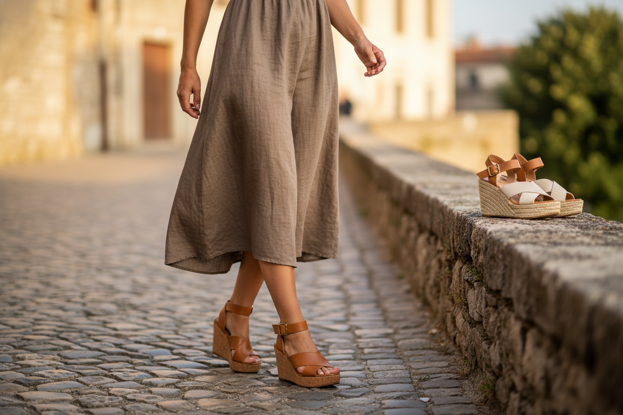 Stylish women wedge sandals paired with a flowy dress for chic travel and summer fashion inspiration