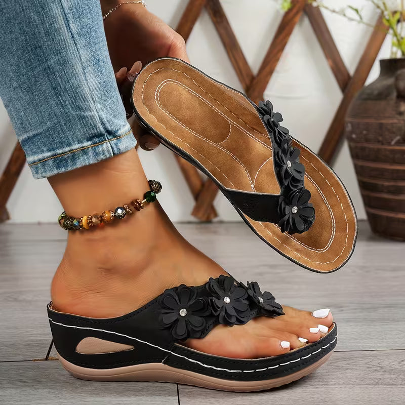 Flat Shoes with Floral Decor, Comfortable PU Sole