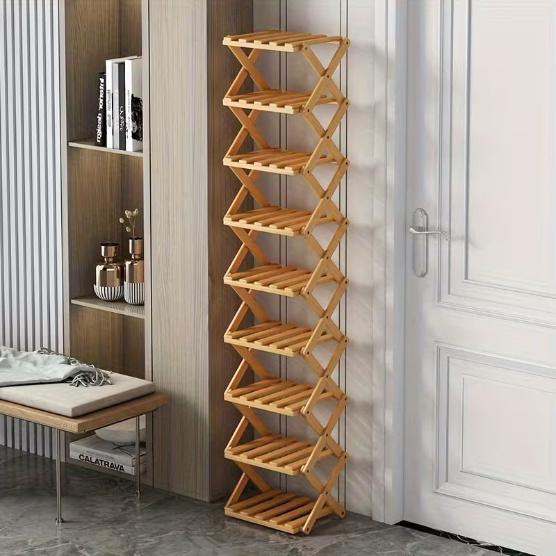 Small foldable shoe rack without installation. Bamboo