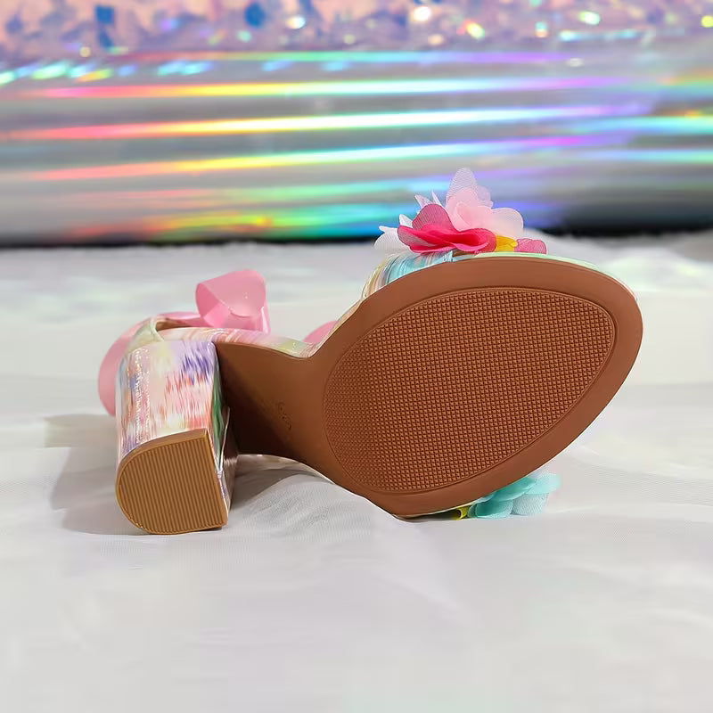 Women's Open-Toe Colorful Floral Print High Heel