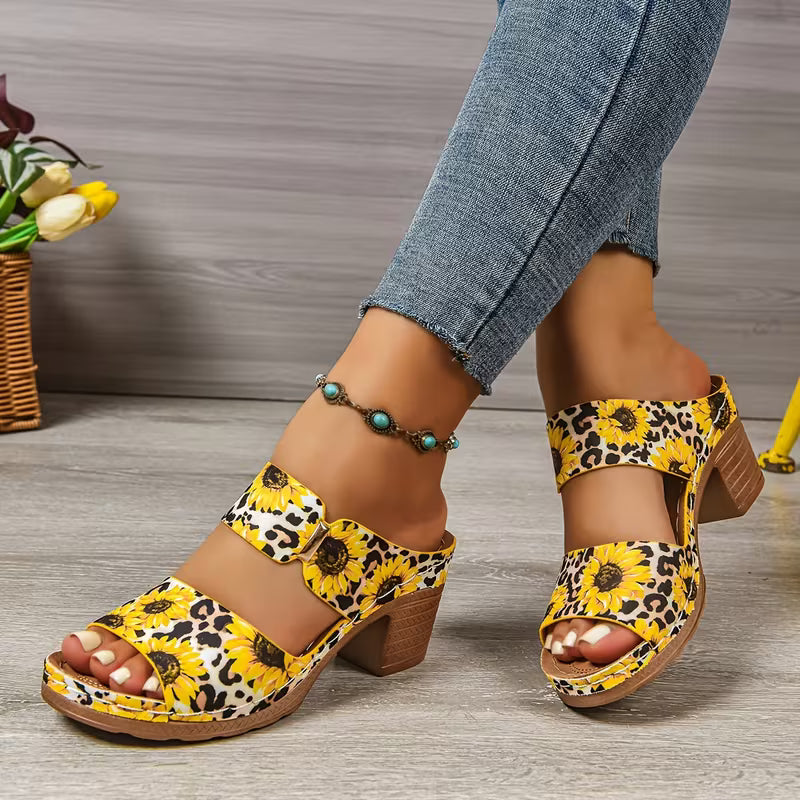 Heel Thick Bottom Metal Buckle Sandals Flowers