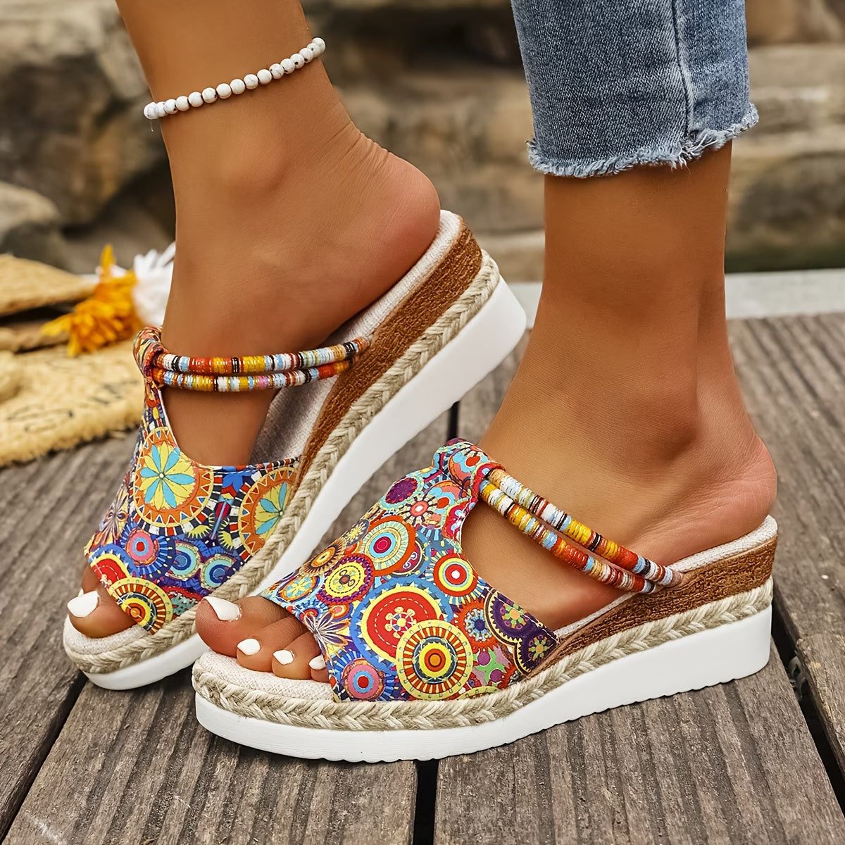 Women's Summer Colorful Graffiti Wedge Sandals