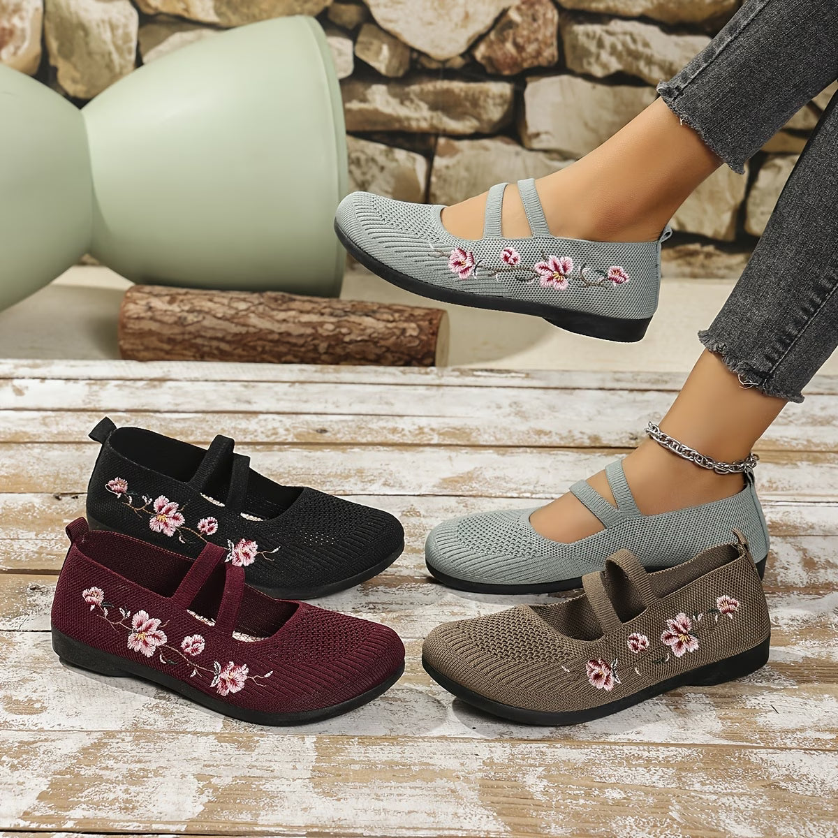 Women'S Spring Floral Knit Ballet Flats Breathable