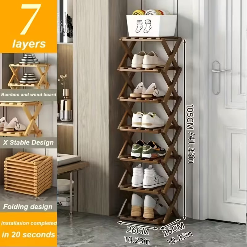 Small foldable shoe rack without installation. Bamboo