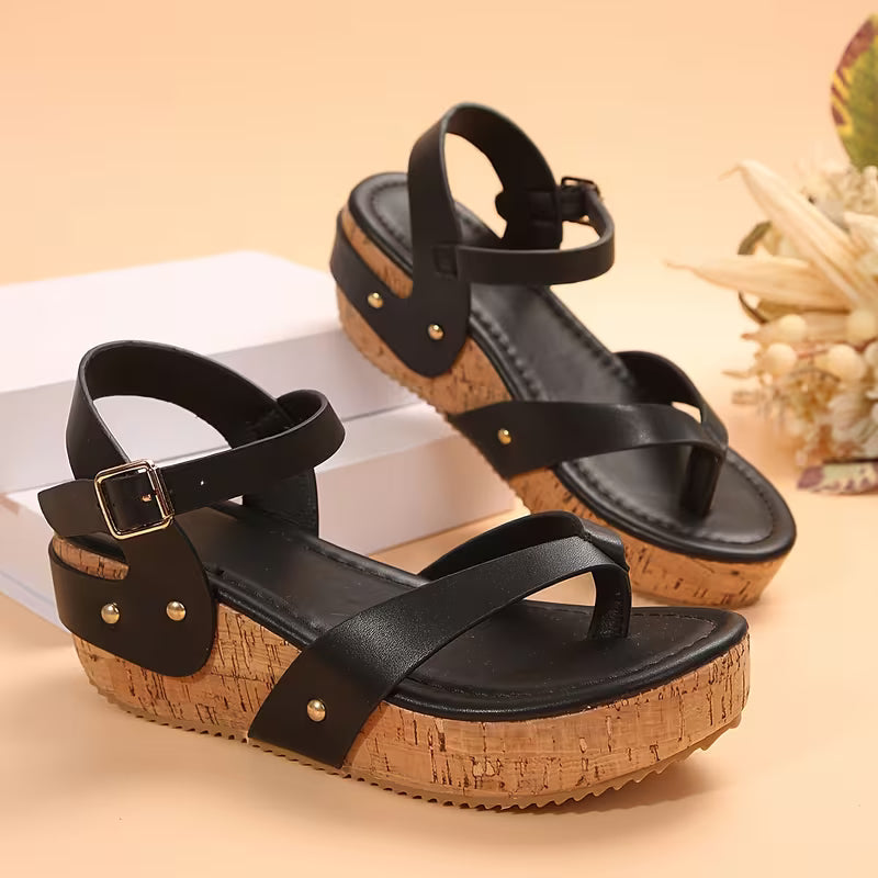 Summer New Black T-Strap Platform Wedge Sandals