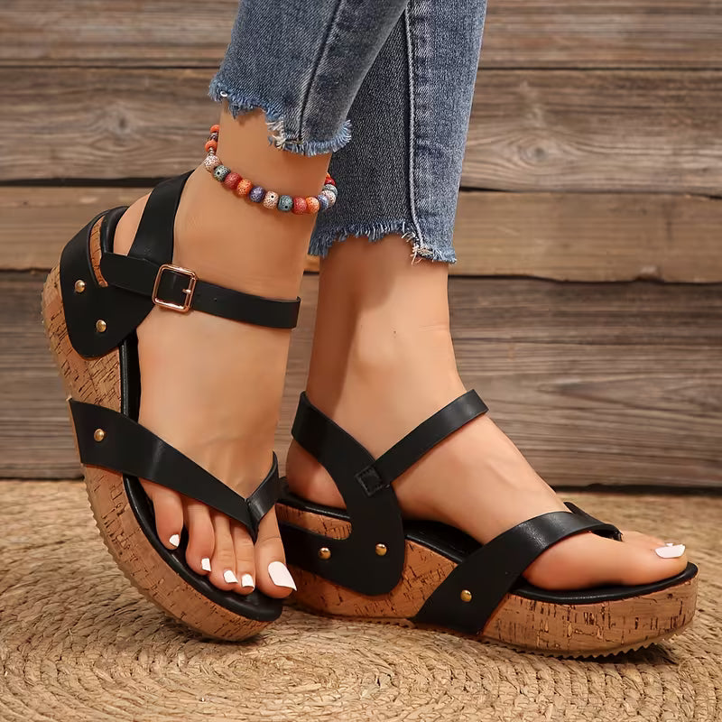 Summer New Black T-Strap Platform Wedge Sandals