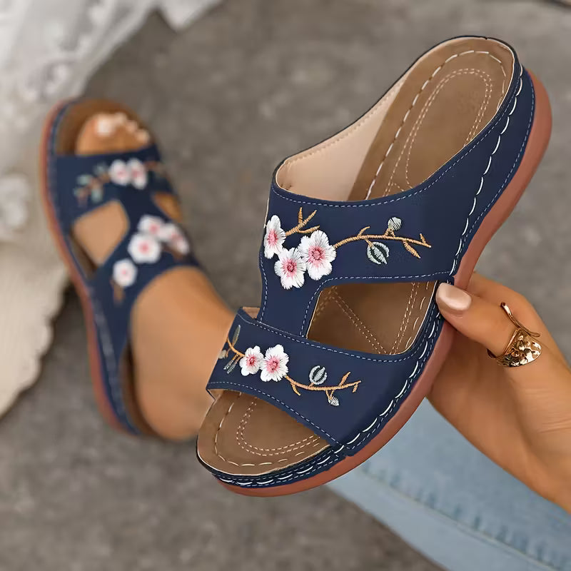 Women'S Summer Slippers, Embroidered Floral Thick Sole