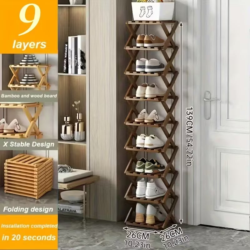 Small foldable shoe rack without installation. Bamboo