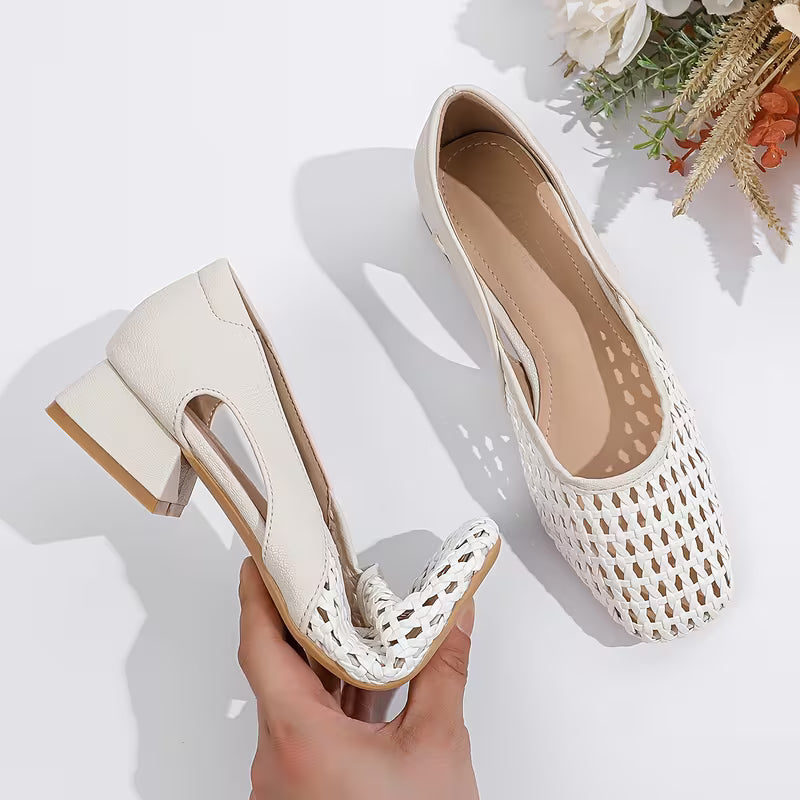 Square Toe Chunky Heel Hollow Shallow