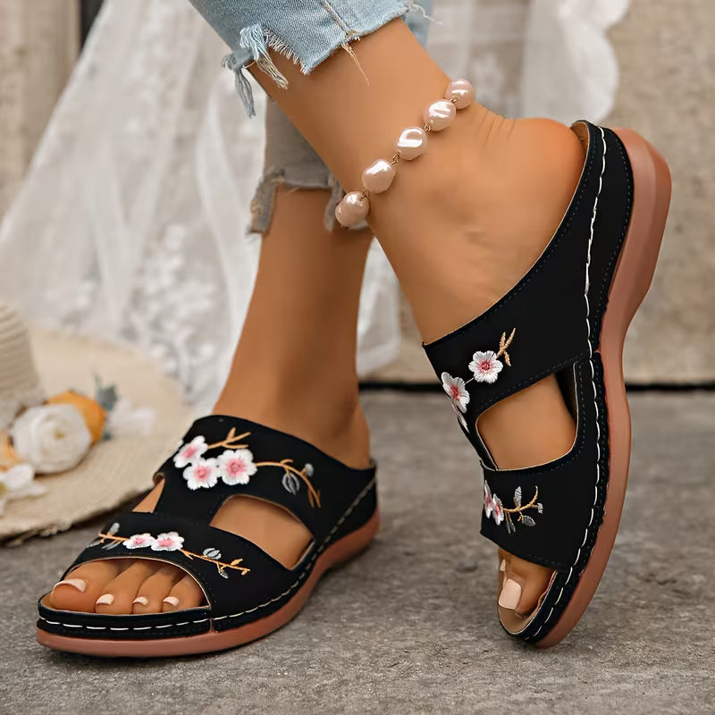 Women'S Summer Slippers, Embroidered Floral Thick Sole