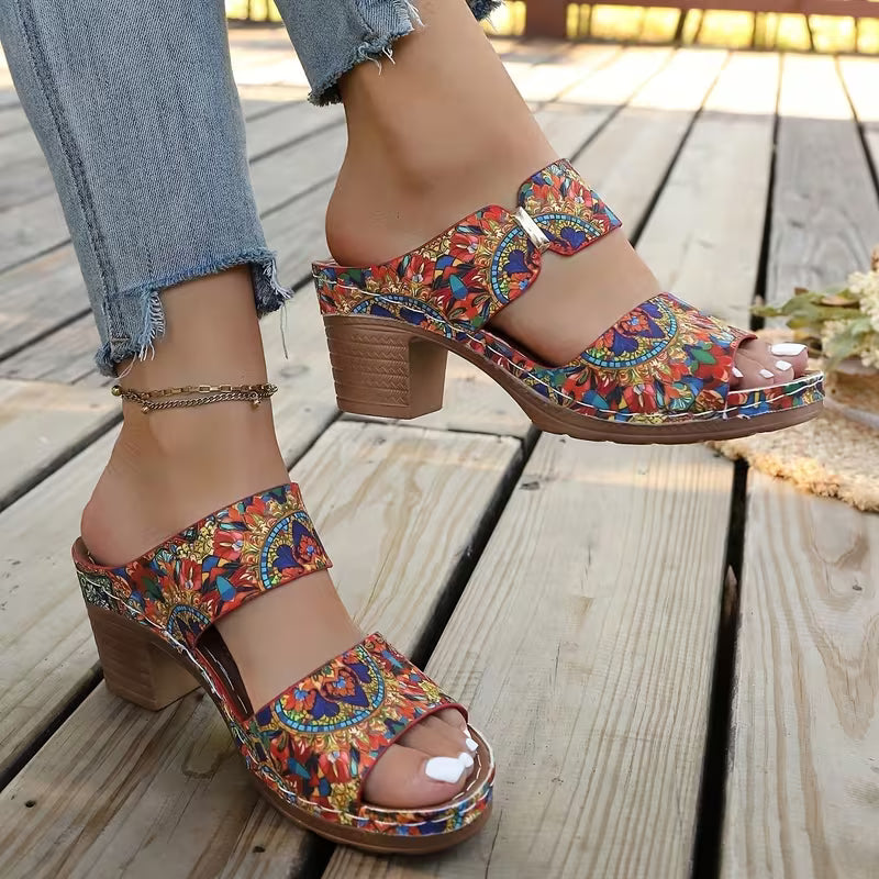 Heel Thick Bottom Metal Buckle Sandals Flowers