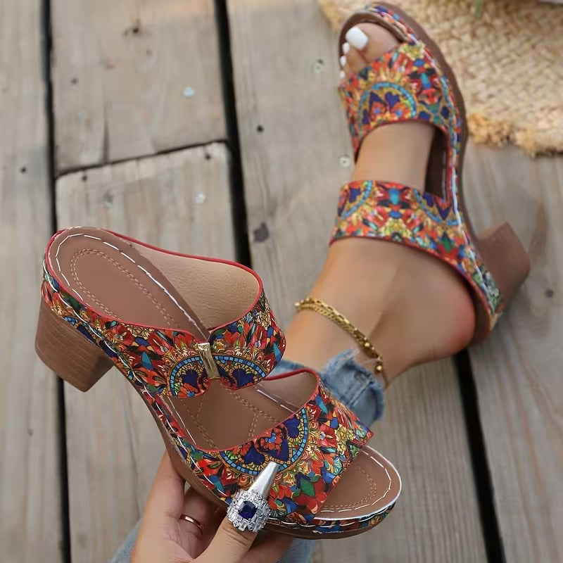 Heel Thick Bottom Metal Buckle Sandals Flowers