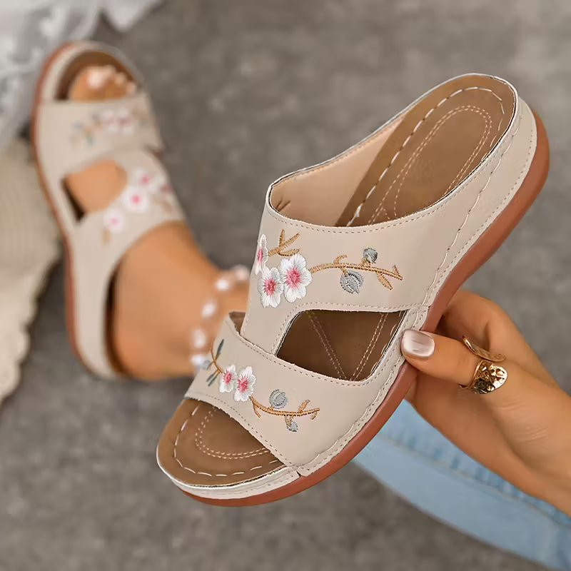 Women'S Summer Slippers, Embroidered Floral Thick Sole