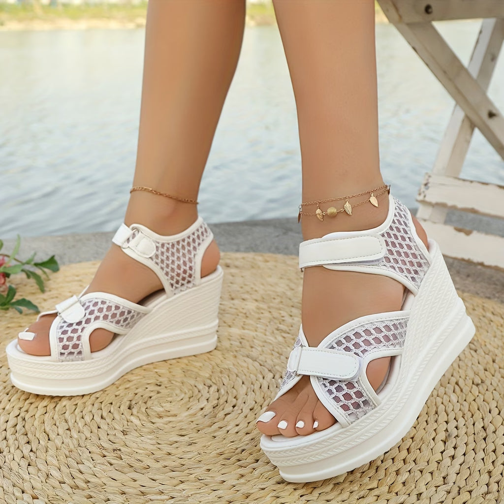 Women'S Thick Sole Wedge Sandals, Mesh Contrast