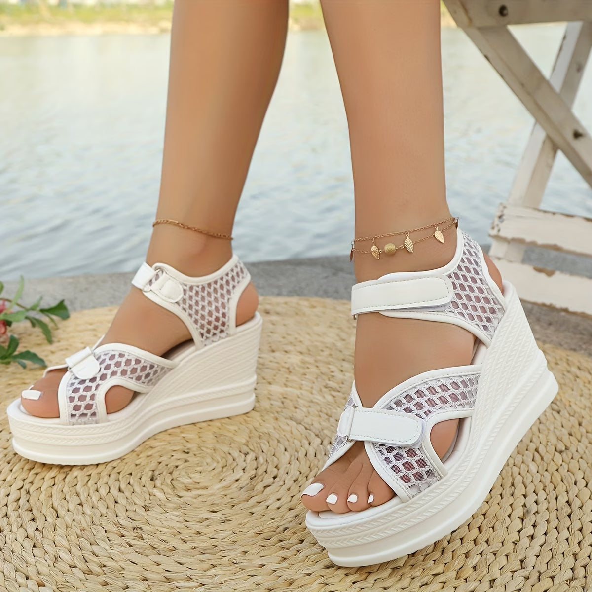 Women'S Thick Sole Wedge Sandals, Mesh Contrast