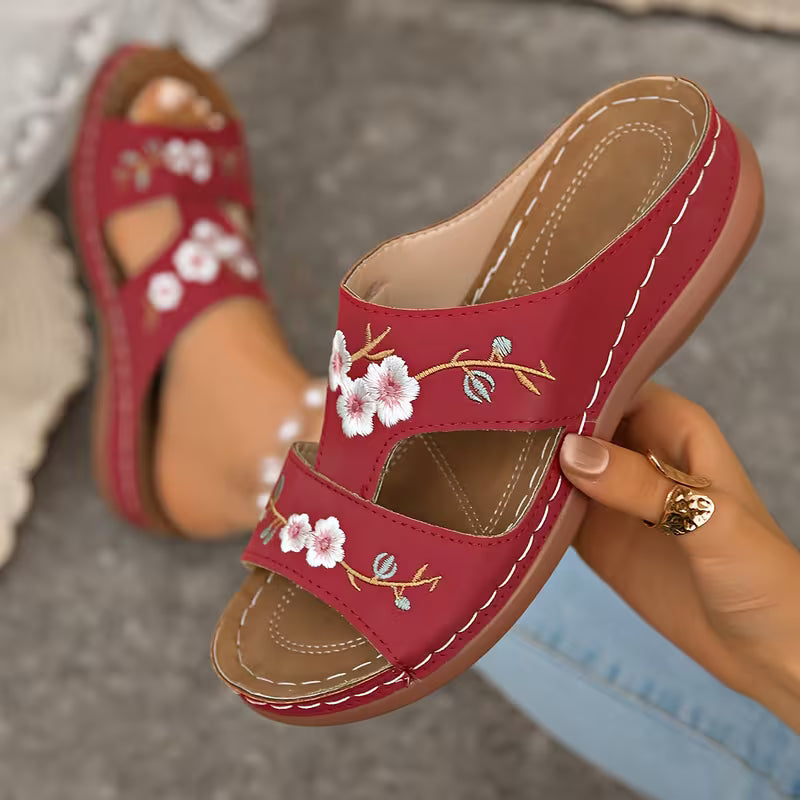 Women'S Summer Slippers, Embroidered Floral Thick Sole