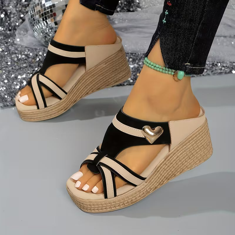 Same Slope Heel Black Heart Slippers, Women Shoes