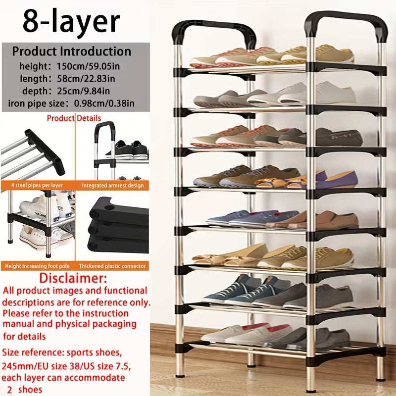 8-layer shoe rack with shoes on a wooden floor, product details on the left