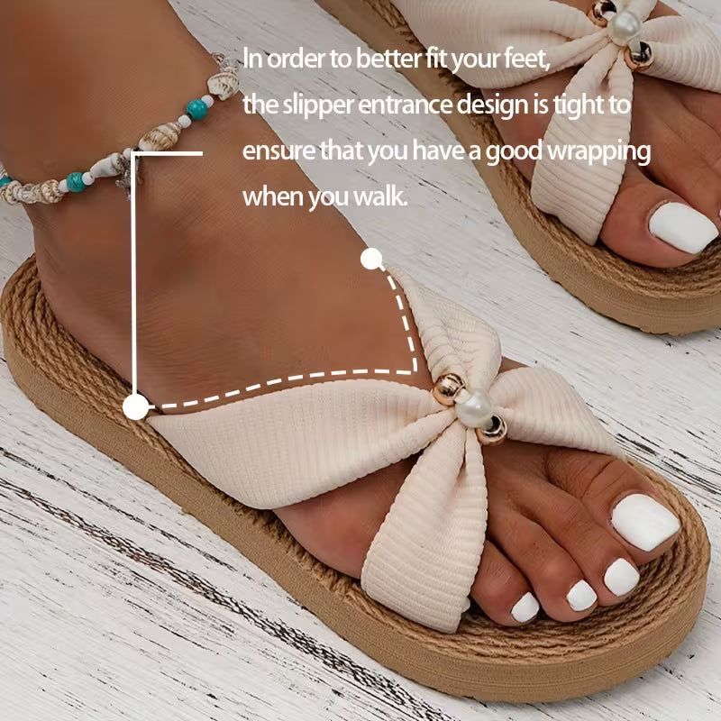 Summer Beige Jewelry Interwoven Flat Slippers