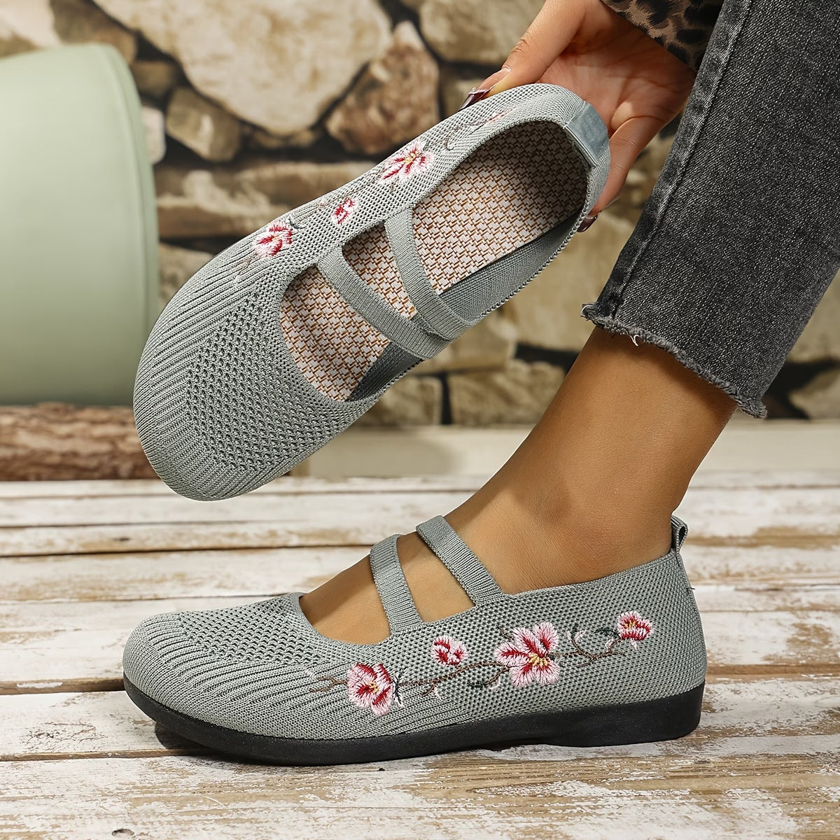Women'S Spring Floral Knit Ballet Flats Breathable