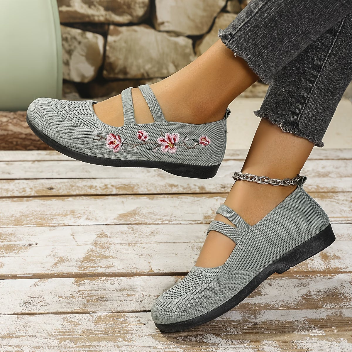 Women'S Spring Floral Knit Ballet Flats Breathable
