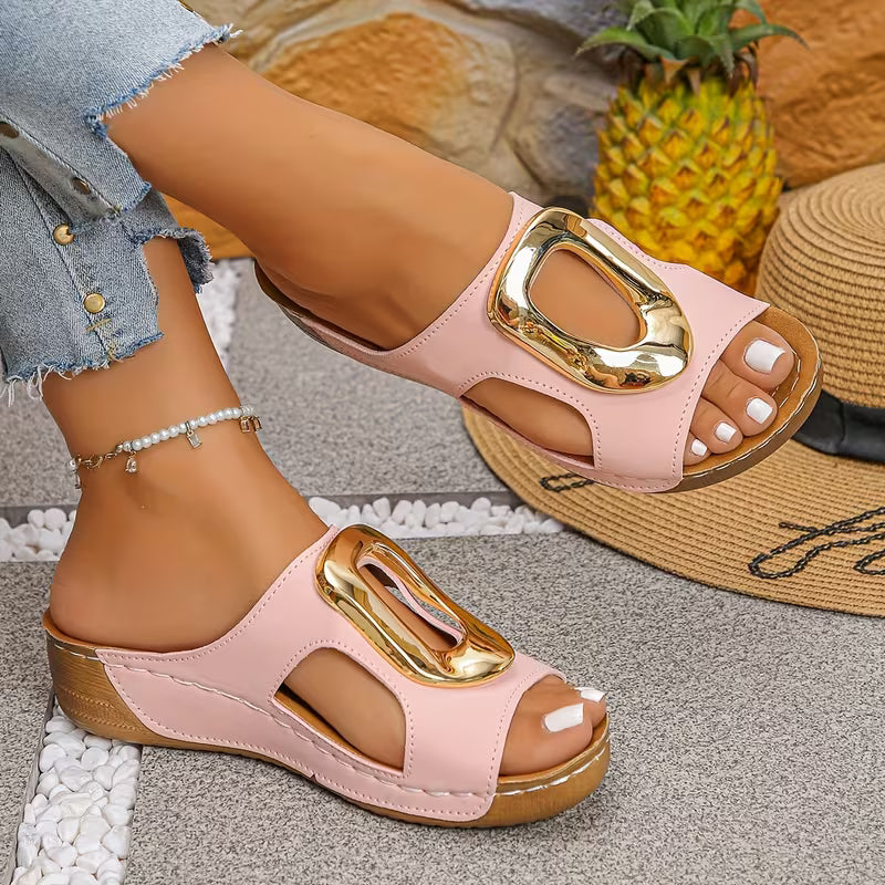 Women's Fashion Large Buckle Wedge Slippers, Women Shoes