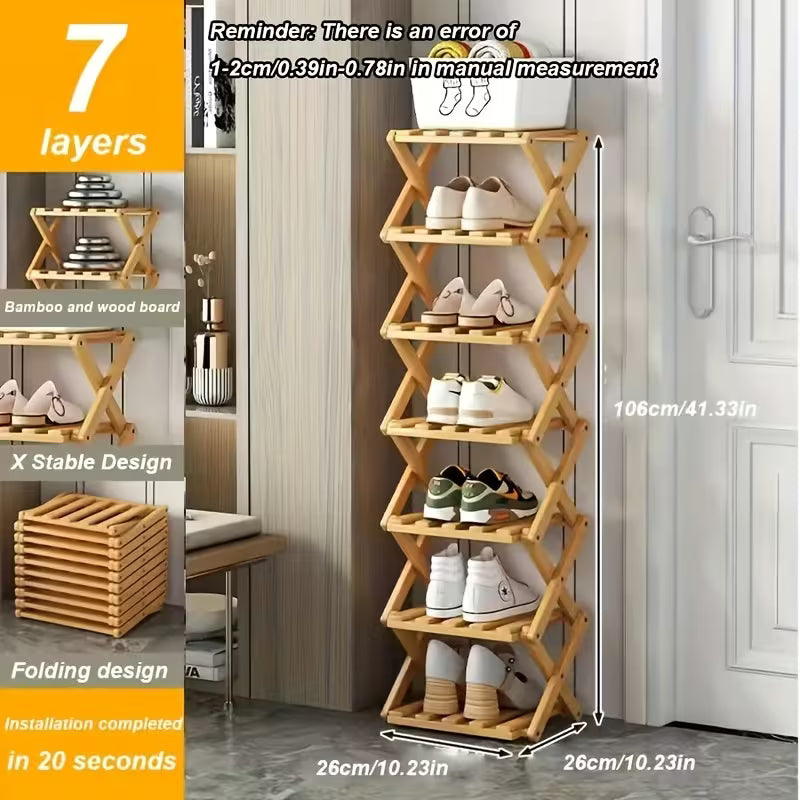 Small foldable shoe rack without installation. Bamboo
