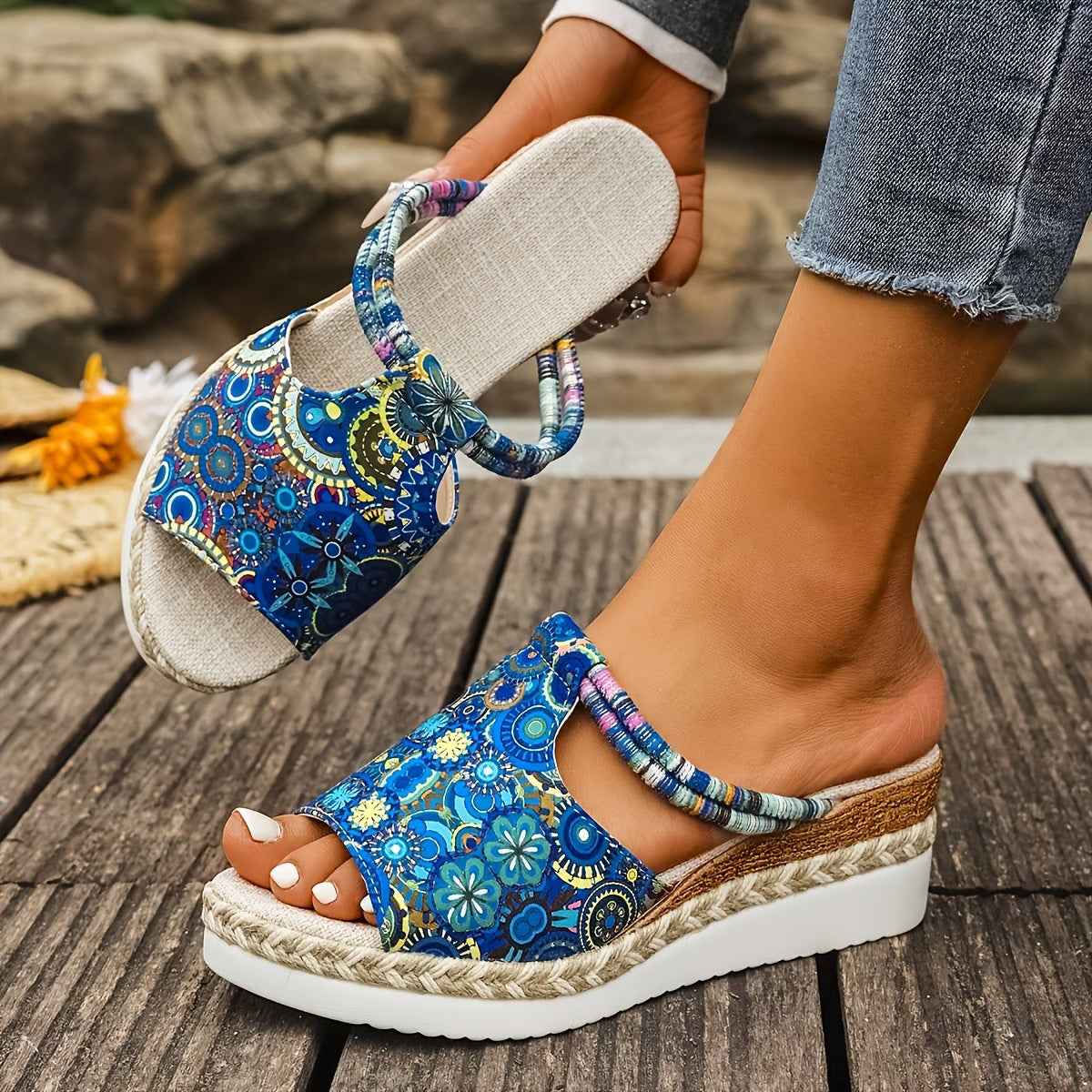 Women's Summer Colorful Graffiti Wedge Sandals
