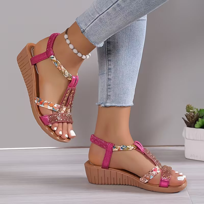 Bohemian Style Flat Wedge Fish Mouth Sandals, Women Shoes