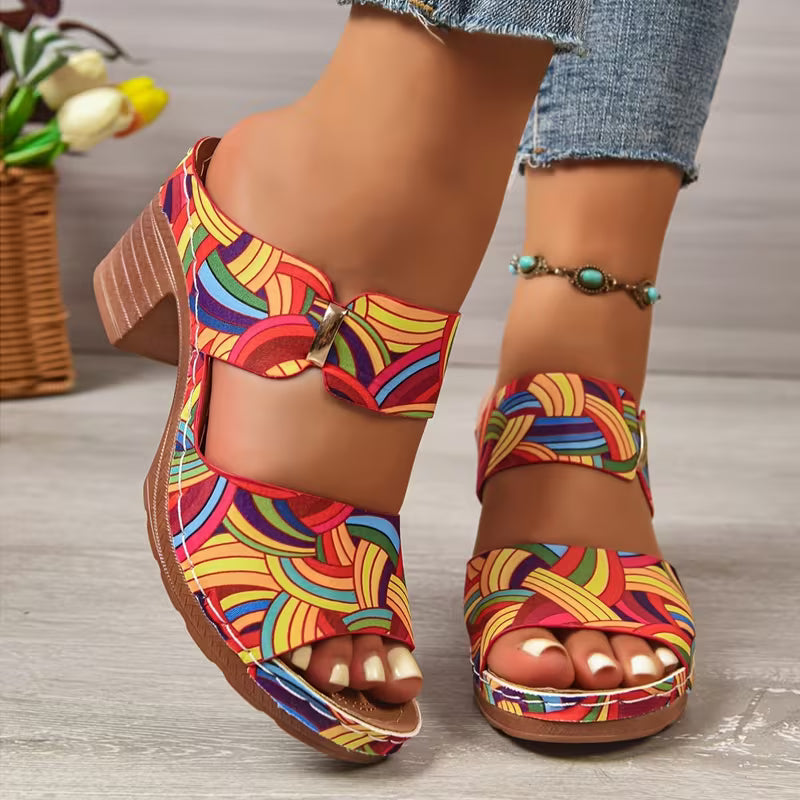 Heel Thick Bottom Metal Buckle Sandals Flowers