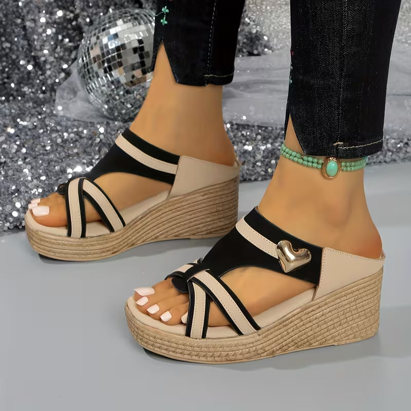Slope Heel Black Heart Slippers, Women Shoes