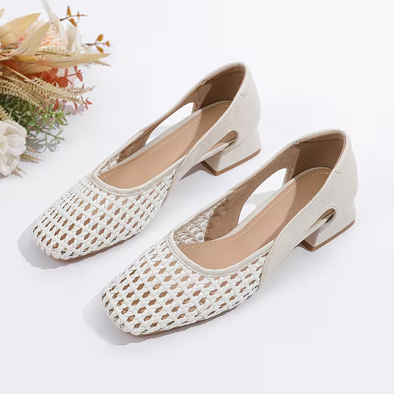 Square Toe Chunky Heel Hollow Shallow