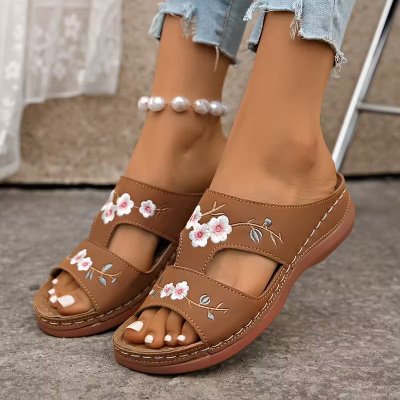  Summer Slippers, Embroidered Floral Thick Sole 