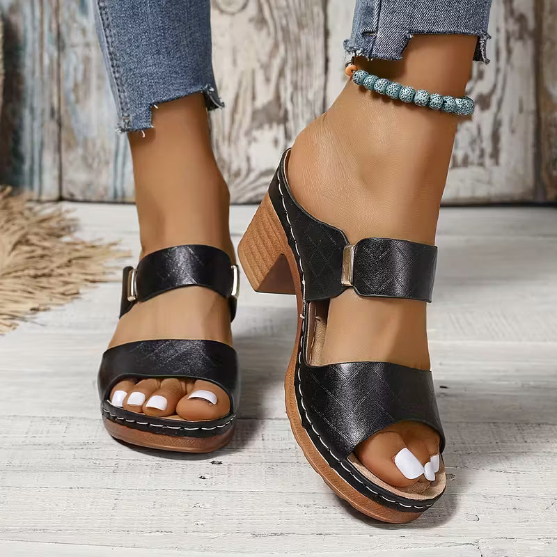  Thick Heel Sandals, Solid Color Open Toe 