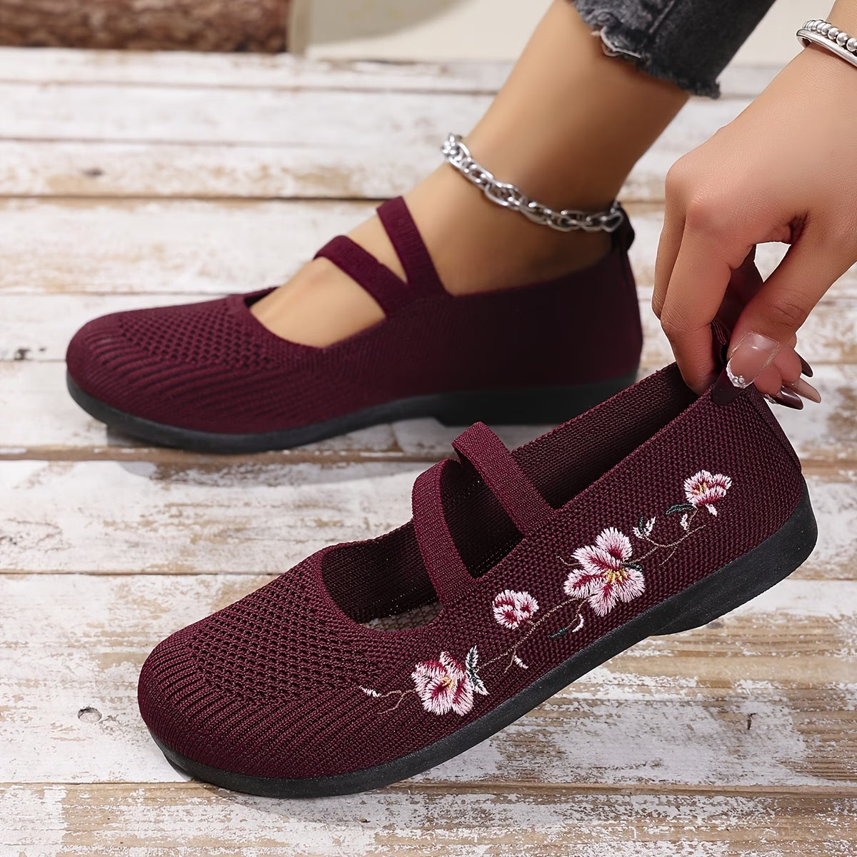Women'S Spring Floral Knit Ballet Flats Breathable