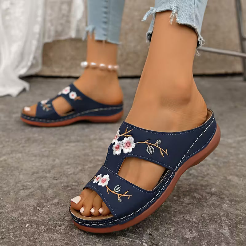 Women'S Summer Slippers, Embroidered Floral Thick Sole 