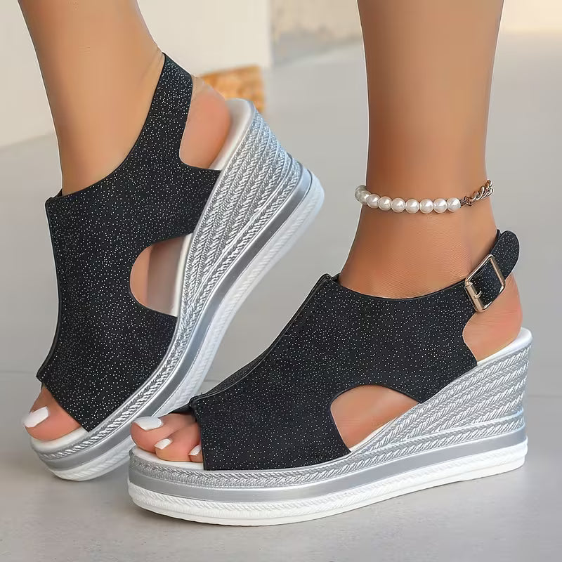 Women's Shiny Wedge Sandals, Open-Toe