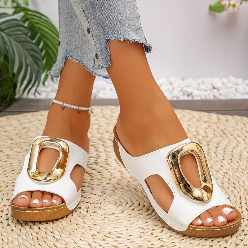 Women's Fashion Large Buckle Wedge Slippers, Women Shoes