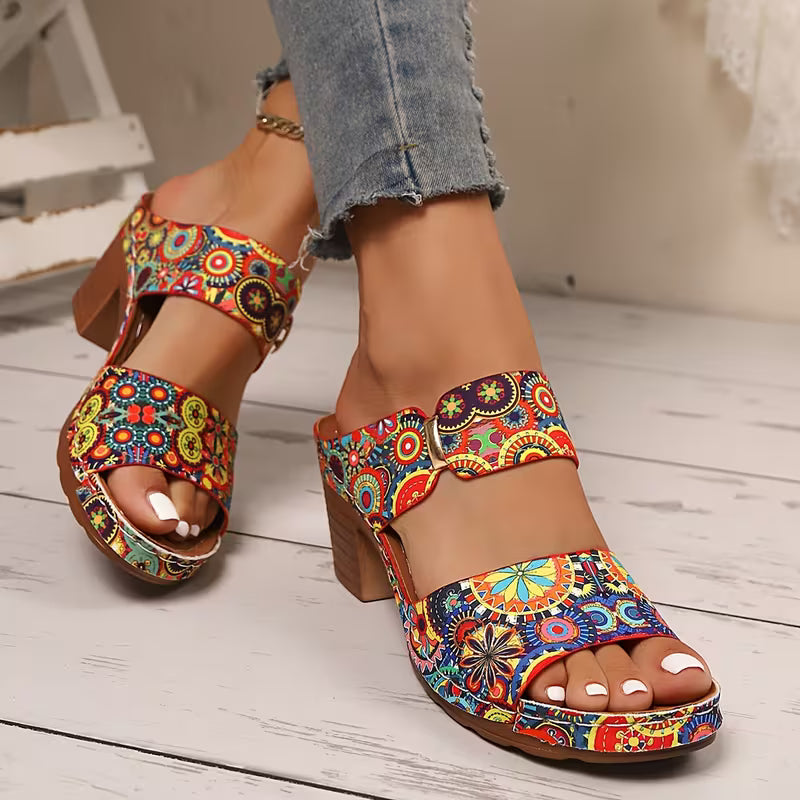 Heel Thick Bottom Metal Buckle Sandals Flowers