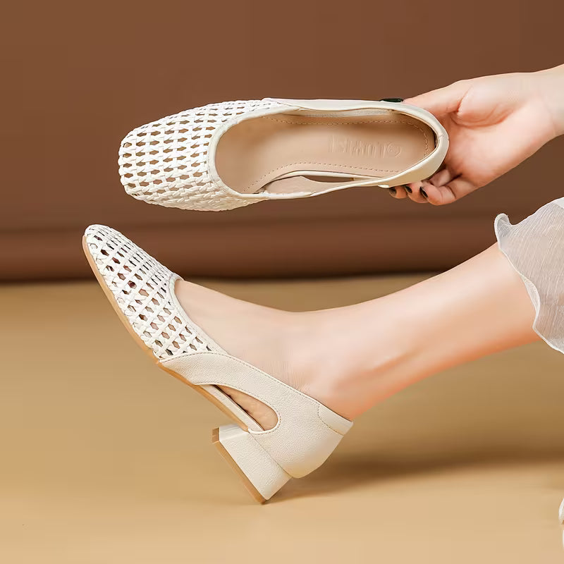 Square Toe Chunky Heel Hollow Shallow