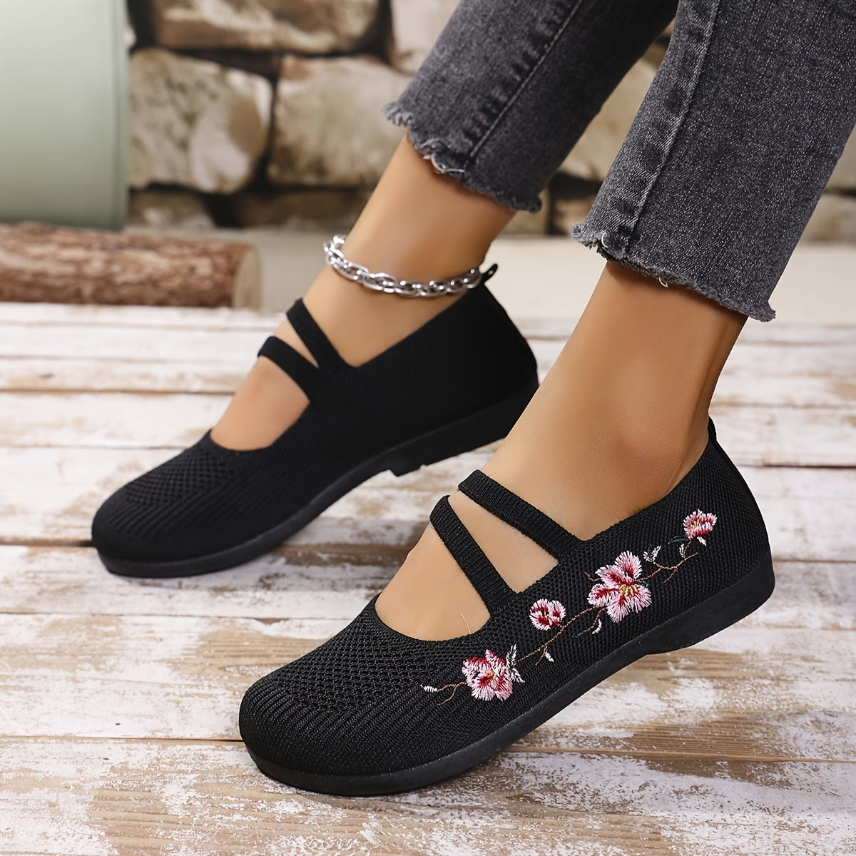 Women'S Spring Floral Knit Ballet Flats Breathable