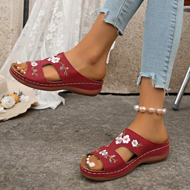 Women'S Summer Slippers, Embroidered Floral Thick Sole