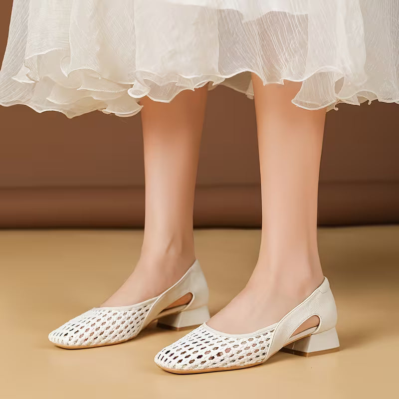 Square Toe Chunky Heel Hollow Shallow