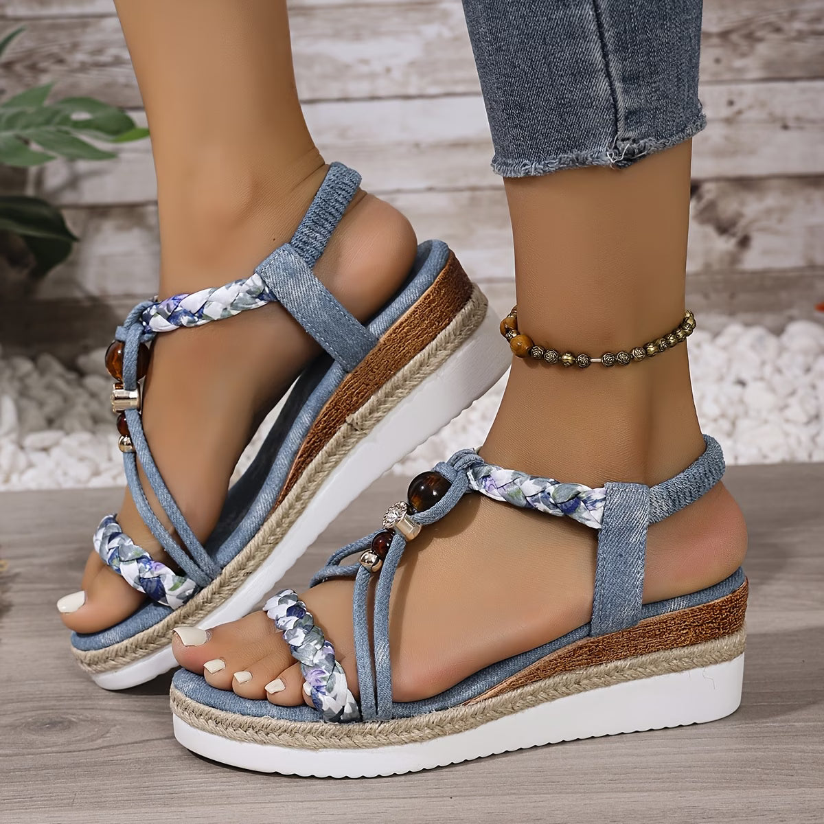 Sky Blue Bohemian Wedge Women's Sports Slippers