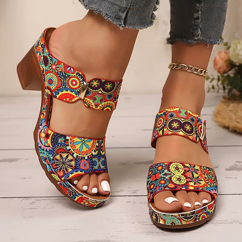 Heel Thick Bottom Metal Buckle Sandals Flowers